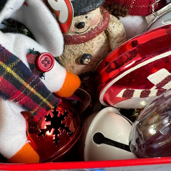 Christmas-Themed Gift Basket Full Of Snowman & Holiday Ornaments In Red Plaid Ti - Picture 3 of 3